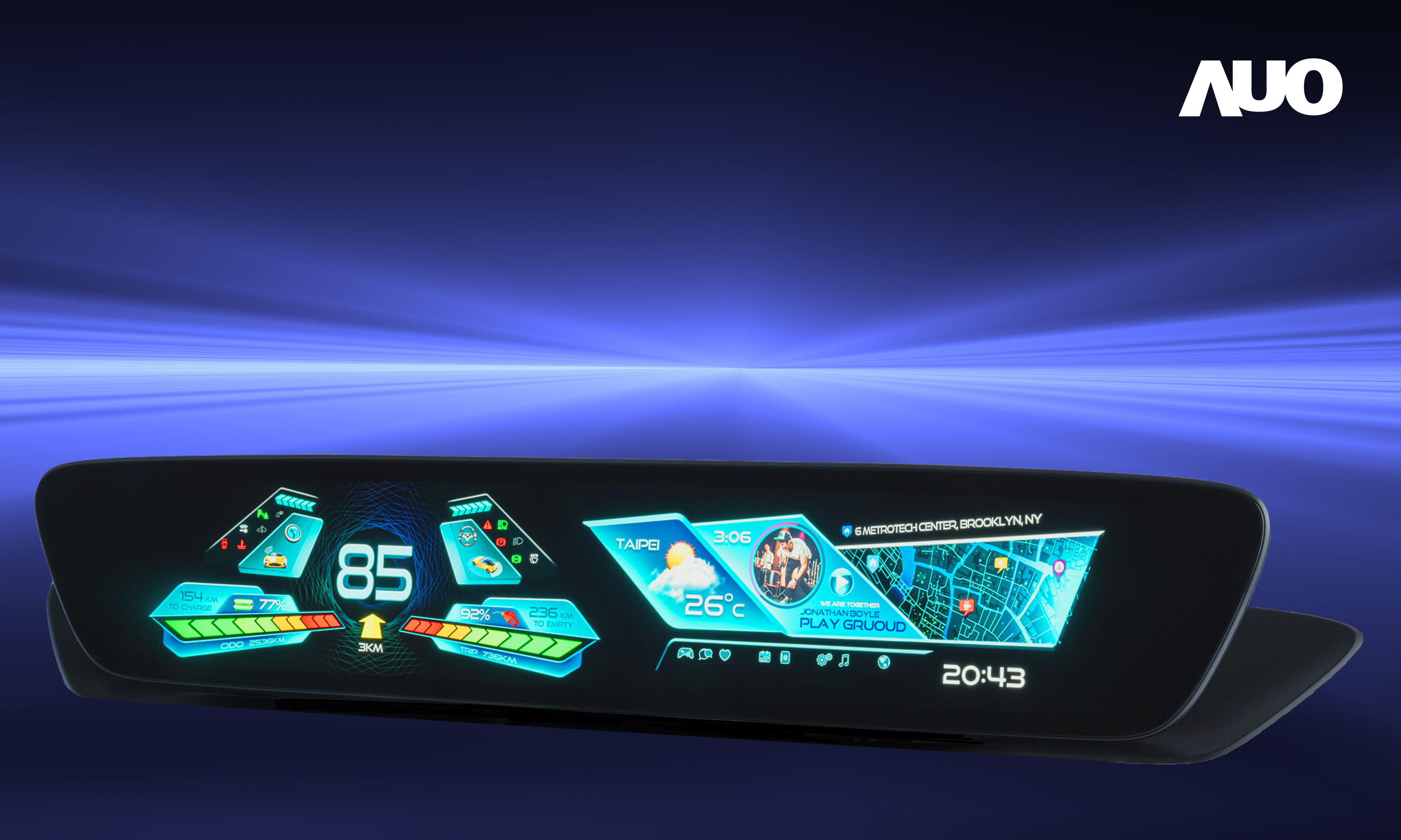 友達30.4吋異形曲面AmLED車載顯示系統，為一兼具儀表板及中控台人機介面的創新車載顯示系統，結合美學設計，提升車內科技沉浸感及使用體驗，讓車載顯示的未來應用更加多元化