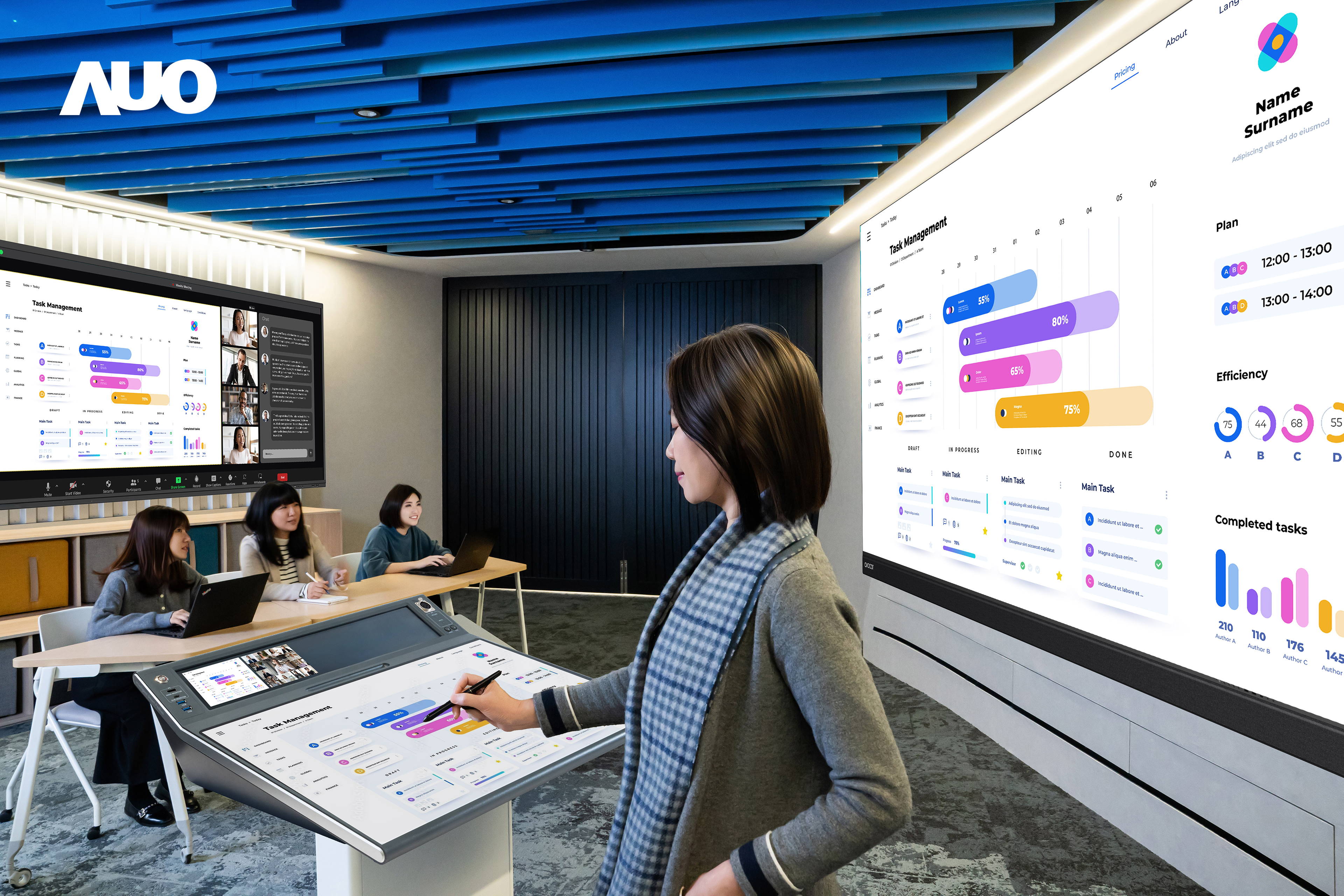 达擎携手Avocor与Rise Vision展示全方位商务领域应用，包含采用模块化设计的138吋一体式All-in-One LED显示器及具21:9超宽比例的92吋交互式电子白板（IFPD），讲者可轻松分享内容，有效提升会议协作效率。